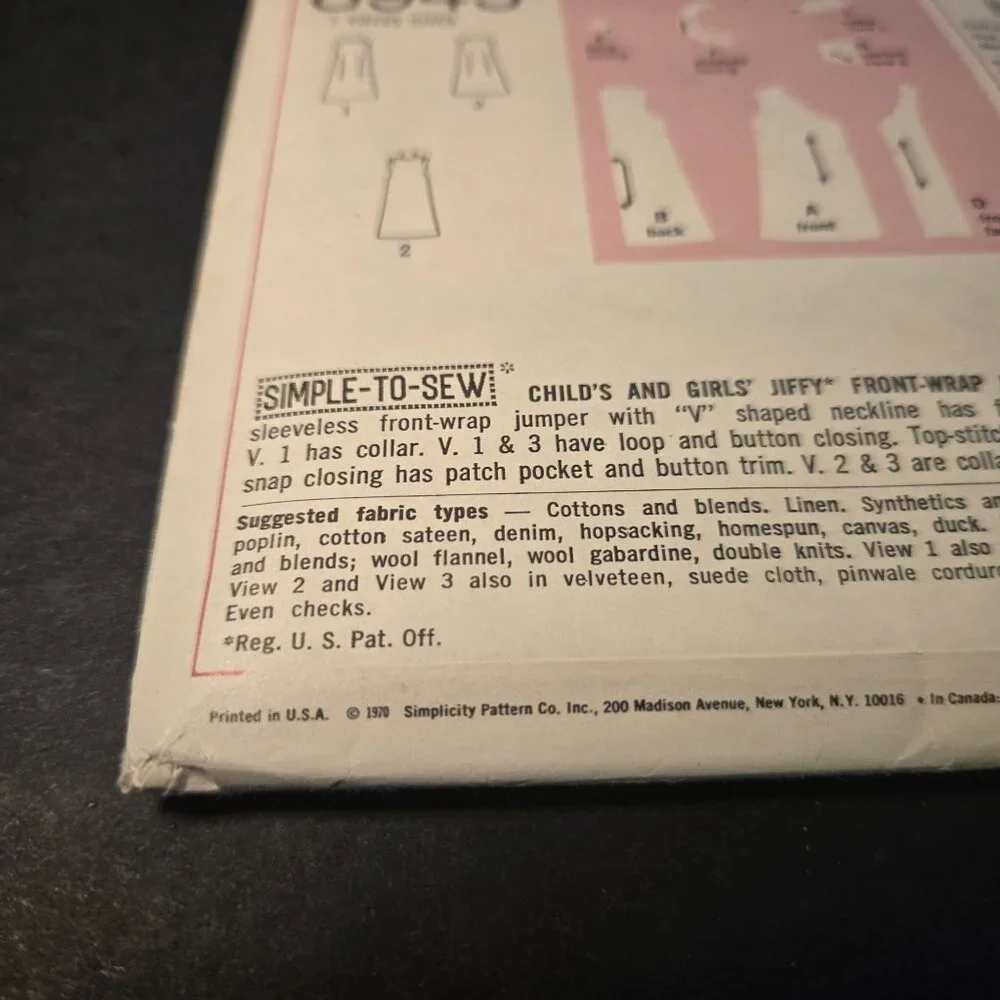 Simplicity 8945 sewing pattern girls front wrap jumper dress size 4 70s UNCUT